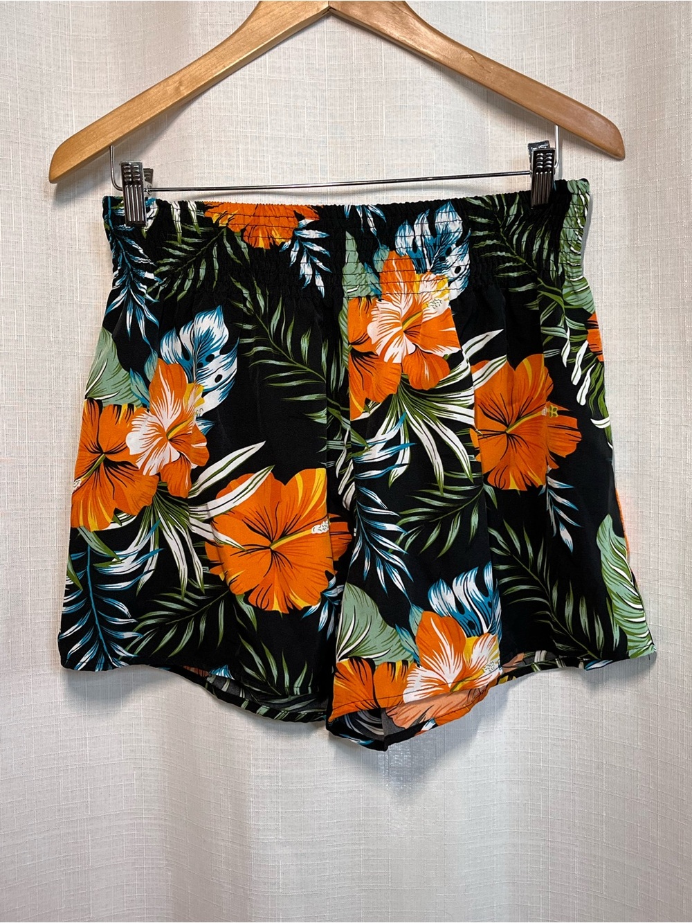 Tropical Hawaiian Print Shorts XL Black Orange Floral Pull On Elastic Waist